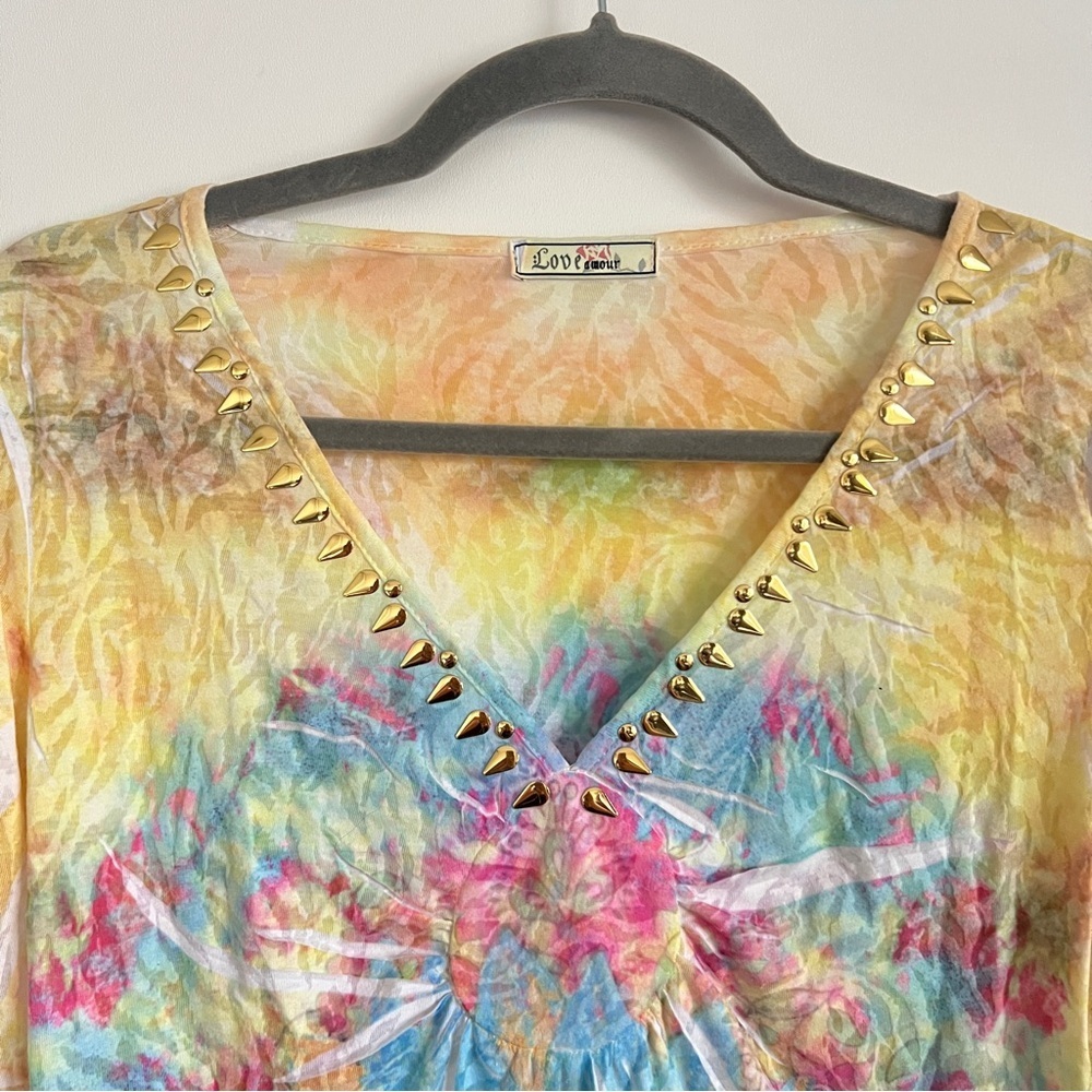 Y2K Boho Fairy Top with Psychedelic Sun Print & Gold Studded Neckline Size M - Picture 2 of 7